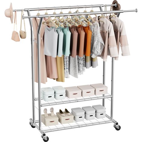 VEVOR Perchero Burro para Ropa de 2 Barras para Colgar y 2 Estantes, con Ruedas, Burro de Ropa Carga de 120 kg, Altura Ajustable, de Acero al Carbono, para Dormitorio, Lavandería, Sala de Estar