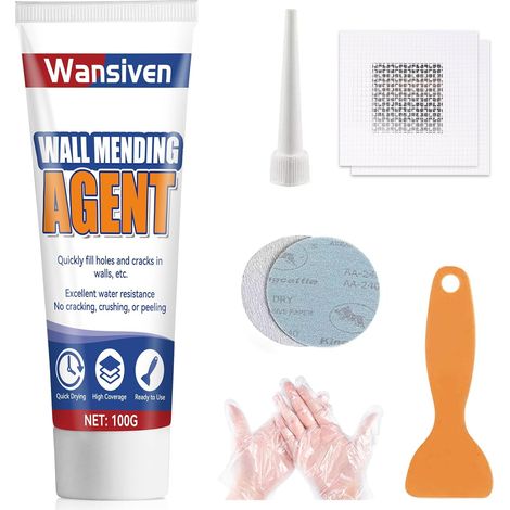 Pâte de réparation murale, enduit de rebouchage, kit de mastic mural blanc imperméable pour le remplissage des fissures et des surfaces en plâtre avec grattoir et tampon de réparation (100 g) (1/5)