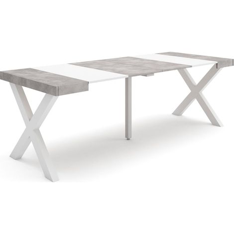 Skraut Home - Table console extensible, Console meuble, 220, Pour 10 personnes, Pieds bois massif, Style moderne, Blanc et Gris Ciment (1/5)