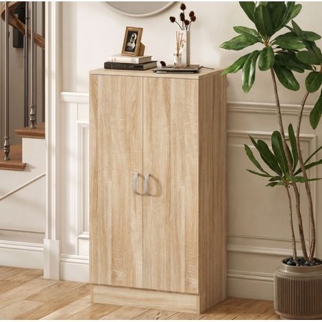 Meuble à chaussures en bois naturel avec 2 portes et 6 étagères réglables, 55x35x108 cm (1/5)