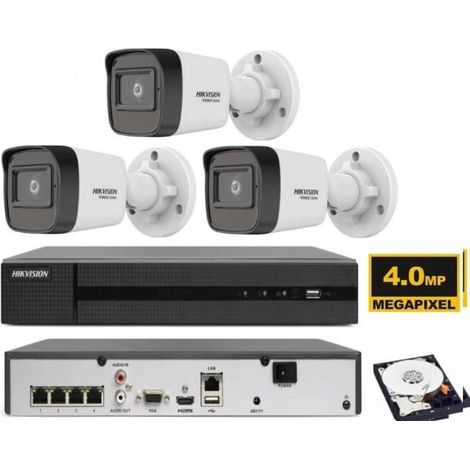 Kit videosorveglianza IP Hikvision Nvr POE 4 Canali 3 telecamere bullet 4 MP HDD 1TB