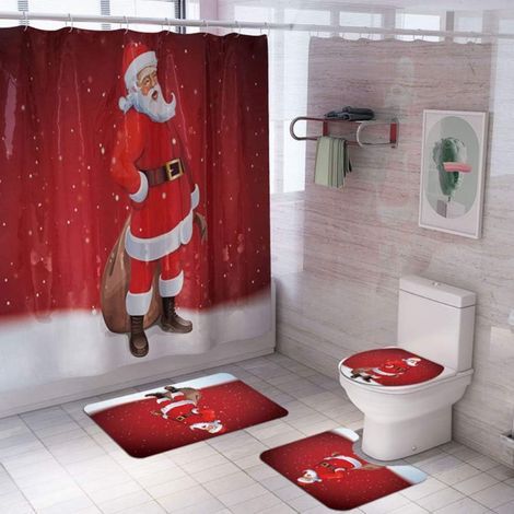 4-teiliges Weihnachts-WC-Dekorationsset, Duschvorhang, Fußmatte, Größe L (1/5)