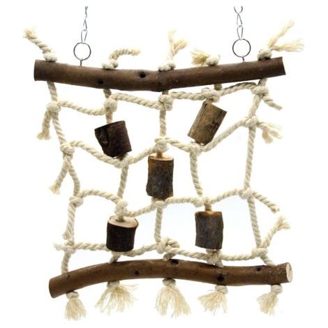 Pair Vogelspielzeug, Kletterspielzeug für Vögel, Leder-Holz-Klötze und Kletternetz aus Baumwollseil, 40 x 25 cm