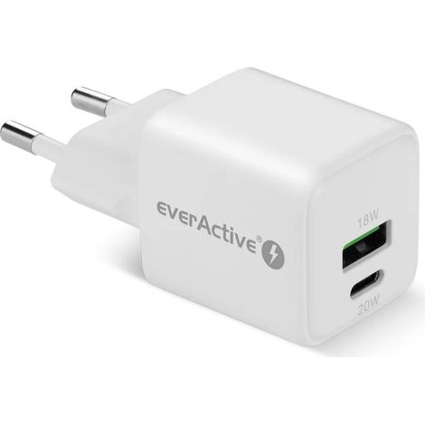 Cargador de pared everActive GaN SC-330, 1 puerto USB, 1 puerto USB-C QC3.0 PD, 20 W