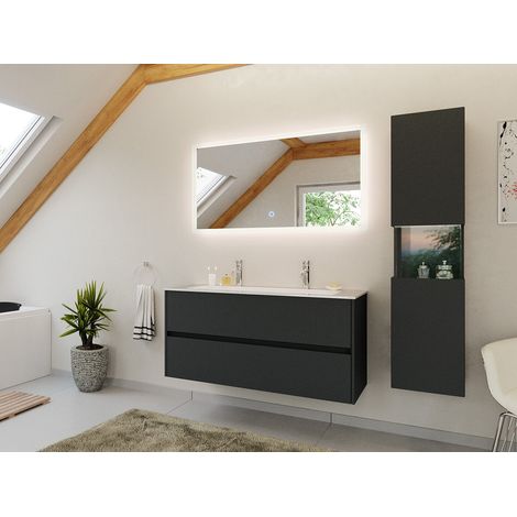 Doppel-Badmöbel Set Taifun 3tlg. 120 cm mit LED Spiegel und Hochschrank Grafit