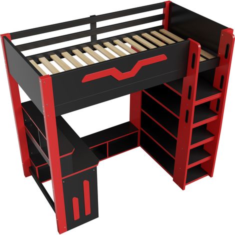 Lit mezzanine 90x200 avec bureau et rangements, bois noir et rouge, MODENUIT (1/5)