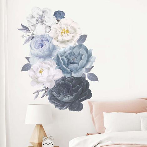Wandaufkleber Blumen Aquarell Schwarz Weiß Blau Pfingstrose Natur Pflanze Vinyl