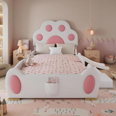 Lit enfant - KOMHTOM - Tête patte de chat - 90x200 cm - Toboggan & échelle 2 marches - Sommier à lattes inclus (1/5)