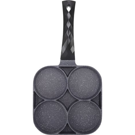 Poêle à frire antiadhésive 4 trous résistante à la chaleur, idéale pour les crêpes, les hamburgers et autres préparations culinaires. Accessoire de cuisine compatible avec les plaques à gaz (noir). (1/5)