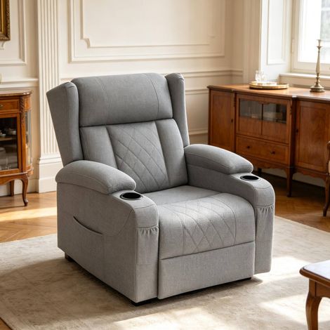 Sillón relax giratorio con reclinación, reposapiés y portavasos, gris OKWISH (1/5)