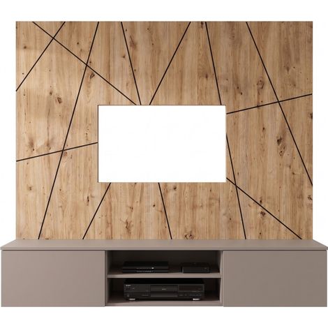 Ensemble meuble TV mural Xari G2 - Bois MDF gris argile et chêne artisan - 160 x 148 x 35 cm - Livraison gratuite (1/3)