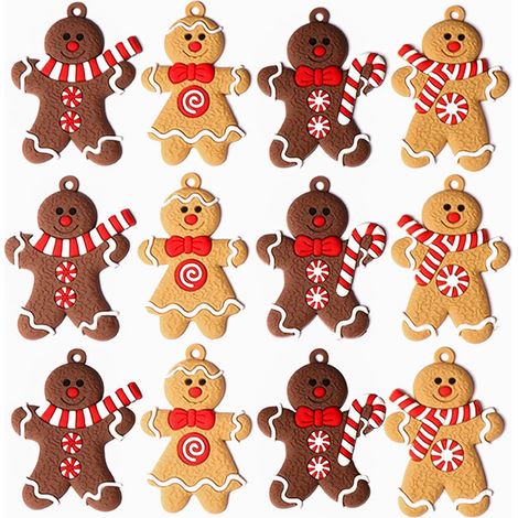 Décorations de Noël en pain d'épice, 12 pièces, ornements de Noël, figurines en pain d'épice, décorations en forme de canne à sucre, décorations de sapin de Noël en forme de bonhomme en pain d'épice (1/5)