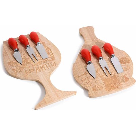 Set planche et 3 couteaux à fromage en bois gravé, lot de 2, planche : 20 x H. 30 cm