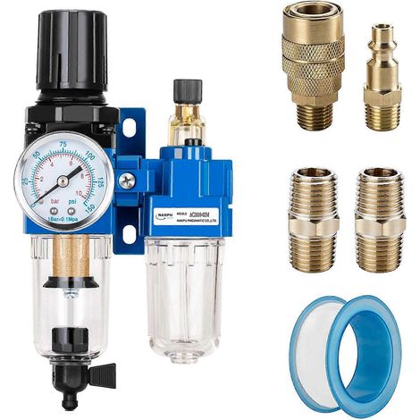 Filtre à air comprimé 1/4" NPT, régulateur et lubrificateur combinés, séparateur eau/huile, manomètre (0-150 psi), cuve en polyéthylène, purge manuelle, support - AC2010-02M (1/5)