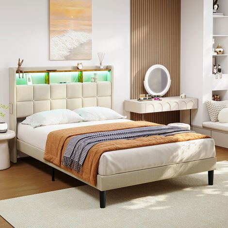 Polsterbett 140x200 cm Erwachsenenbett LED Polsterbettgestell mit Kopfteil Unterbettkommode Beige Gelb