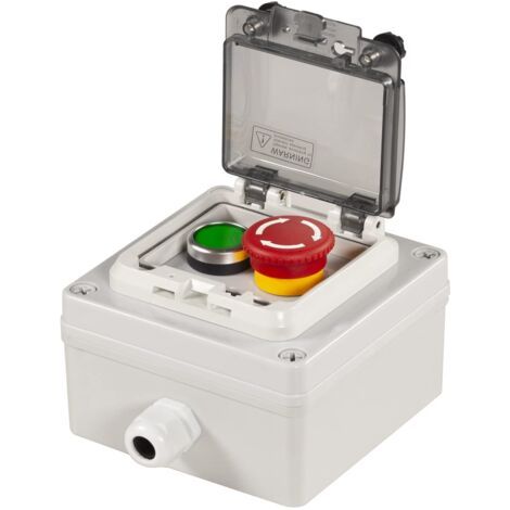 Boîte à boutons-poussoirs Ip67 avec bouton-poussoir d'arrêt d'urgence, bouton-poussoir vert avec couvercle de protection, interrupteur de fonctionnement infaillible (AC/DC 6a-110v/3a-240v/2,5a-380v)