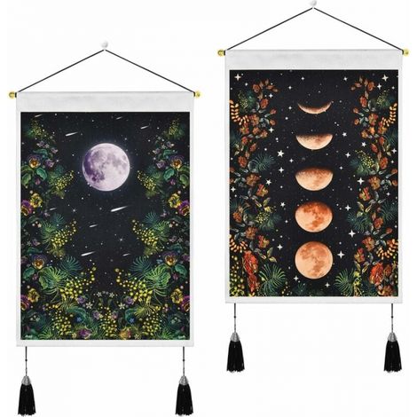2 Pieces 35x50cm Black Tapestry Tassels Moon Wall Art Cotton Linen Flower Tapestry Home Decoration (1/5)