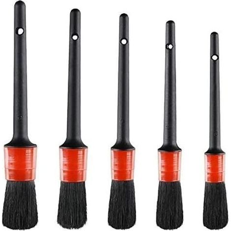 Pinceau de Détail (Lot de 5), Jeu de Pinceaux à Détails Automatiques Parfait pour La Voiture Moto Roues de Nettoyage Automobile, Tableau de Bord, Intérieur, Extérieur, Cuir (1/5)