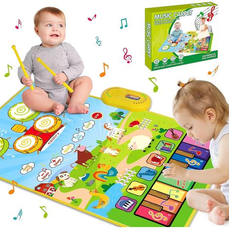 Tapis musical 3 en 1 pour les tout-petits de 1 à 3 ans, tapis de piano et tapis de batterie avec 2 baguettes, jouet d'éveil pour les bébés de 12 à 18 mois, tapis de jeu tactile animaux