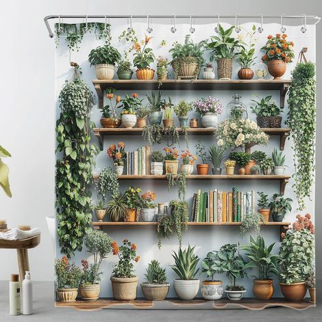 Plantes Vertes Rideaux de Douche 180x200cm Fleur sur étagère Rideaux de Bain avec Crochets,Moderne Extra Longue Imperméable Polyester Anti Moule Salle de Bain Décor (1/4)