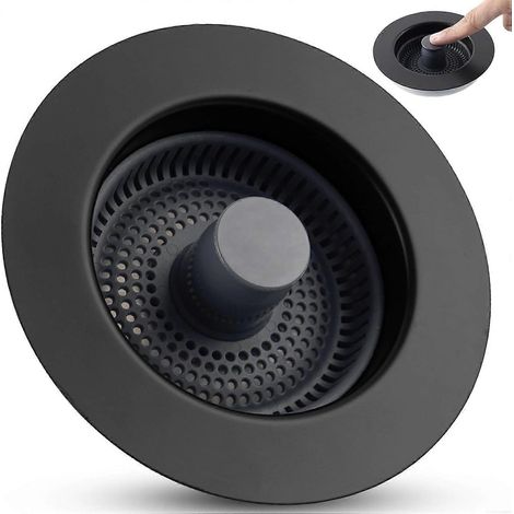 Bouchon de bonde d'évier 3 en 1, en acier inoxydable noir, avec système anti-odeurs, compatible avec les bondes standard américaines de 3-1/2 pouces. (1/5)