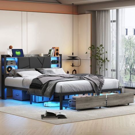 Bett Erwachsene 160x200 cm, Bett mit 2 Schubladen, LED RGB und Lattenrost, Doppelte PU-Kopfteil und Holzoptik-Finish, Zeitgenössisches Schwarz