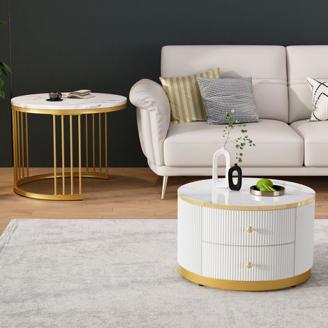 DESMIU Tables Basses Gigognes Rondes avec 2 Tiroirs et Rangement, Finition Marbre Brillant, pour Salon (1/5)