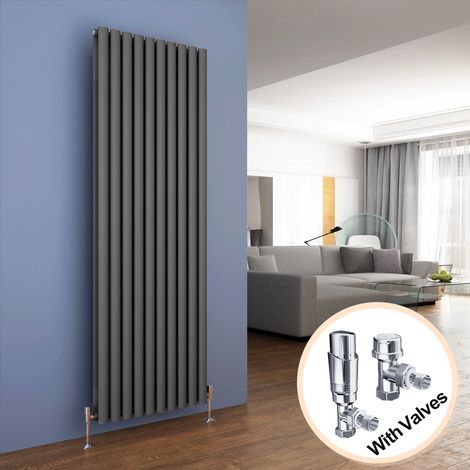 ELEGANT Vertical Column Designer Radiator Anthracite Oval Double Panel Rad 1800 x 590mm + Chrome Thermostatic Radiator Valves (1/5)