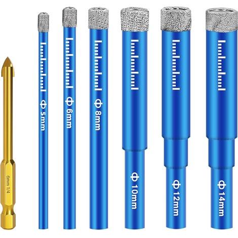 7 Pièces Foret Diamant Carrelage,Foret Diamant Gres Cerame avec 5/6/8/10/12/14 mm,Forets Metaux pour 6mm, Meche Perceuse Metal, pour Porcelaine,Céramique, Granit,Carrelage (1/5)