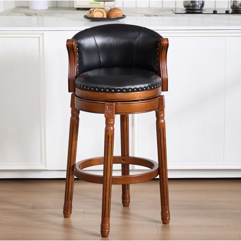 Tabouret de bar pivotant 360° avec dossier, assise en cuir noir, structure en bois, hauteur 103 cm (1/5)
