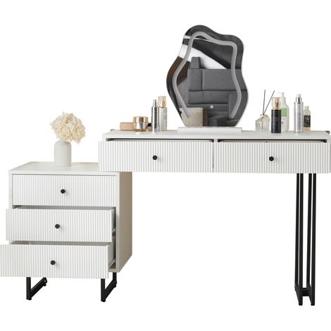 Coiffeuse avec Miroir LED Tactile 3 Couleurs, Table de Maquillage Blanche Extensible avec 5 Tiroirs, 100x40x76 cm (1/5)