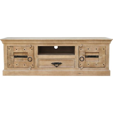 Meuble TV Bas en Bois de Manguier Sculpté Style Colonial avec 2 Portes et Tiroir - PANGIVO (1/3)