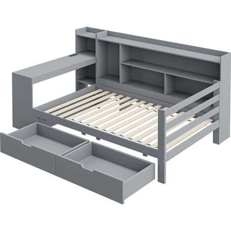 GagaGagaCanapé-lit en bois massif 90x200 cm, bureau, prise, gris (1/5)