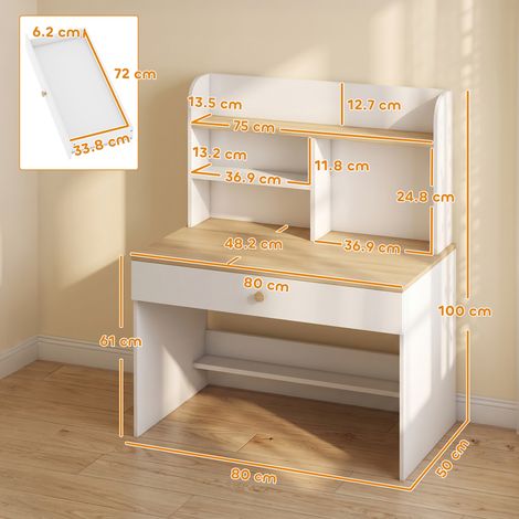 Bureau enfant avec étagères et tiroirs, table de chambre en bois pour enfants de 3 à 8 ans, blanc