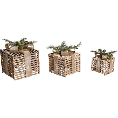 Lot de 3 Décorations de Noël LED en Bois de Sapin en Forme de Cadeau Accessoire Fait Main Marron Roine (1/5)