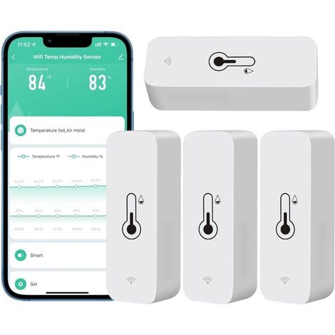 Lot de 4 hygromètres WiFi – Capteurs de température et d'humidité sans fil – Alertes via application Tuya – Design compact pour espaces restreints (1/5)