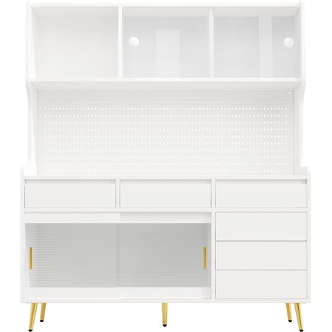 Madia alta con LED e ante scorrevoli in vetro cannettato 145x39x171 cm bianco (1/5)