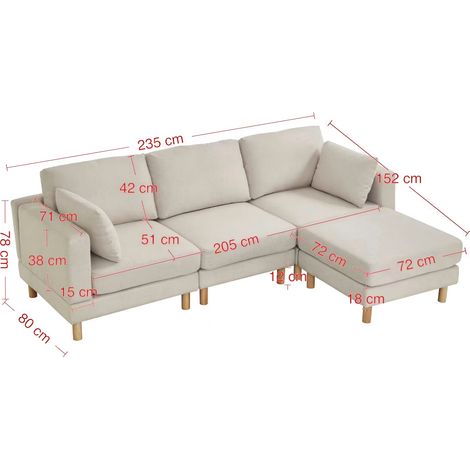 Canapé d'angle nordique 3 places avec pouf 235×152×78 cm – Canapé en L beige en polyester avec pieds en bois massif pour un salon moderne (1/5)