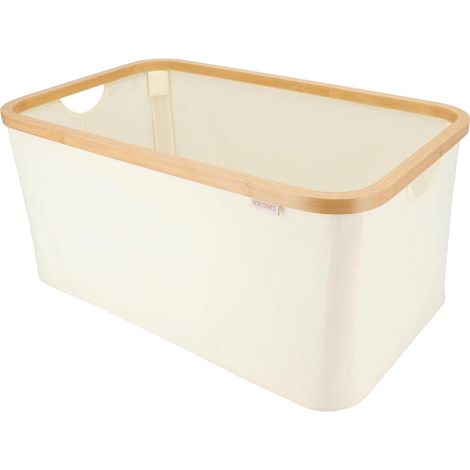 Panier à linge pliable 45L - Bambou naturel et tissu - Corbeille de rangement légère - Pour chambre et salle de bain - Beige (1/5)