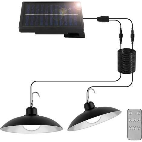 Lampe Solaire Extérieur Suspendue, Suspension solaire à double tête vec Télécommande 3 Luminosité Mode IP44 étanche avec câble de 3M pour Jardin Porte Garage (1/5)