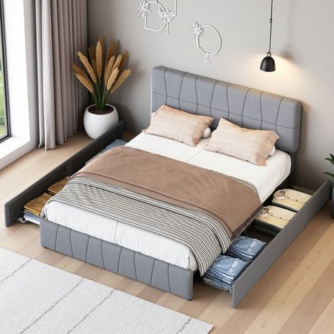 Cama Doble 160x200 - Cama Cofre 4 Cajones - Terciopelo Gris - Estructura de Metal - Confort Óptimo