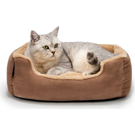 lionto Katzenbett, weiches Kuschelbett mit herausnehmbarem Wendekissen & Anti-Rutsch-Boden, pflegeleicht & modern, 50x37 cm, braun/beige (1/5)