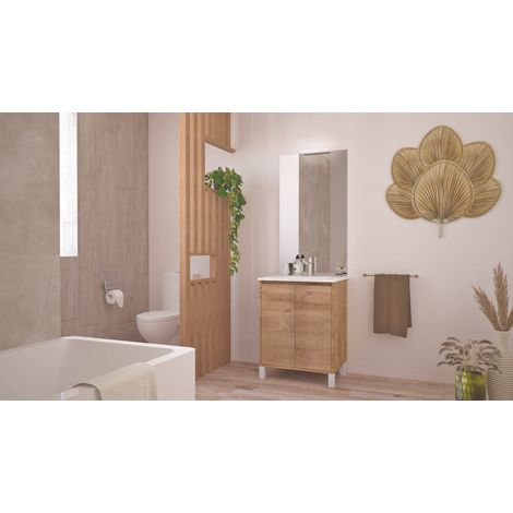 ONDEE - Mueble de baño suspendido BELIS + Espejo - Entregado montado - Fabricado en Europa - Ancho: 60cm - Acabado: madera (1/5)