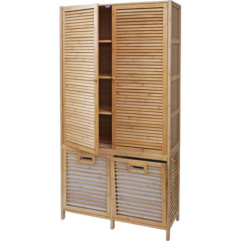 [NEUWERTIG] Bambus Badezimmerschrank HHG-595, Regal Badregal Badschrank Schrank, 2 Wäschekörbe 2 Türen MVG 168x82x34cm