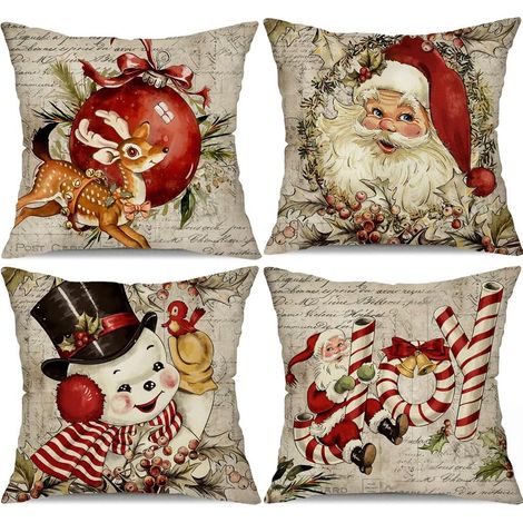 Fundas de almohada navideñas retro (juego de 4), diseño retro de Papá Noel rojo, decoraciones navideñas retro, decoración de sofá estilo granja retro de invierno (1/5)