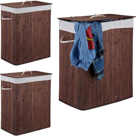 Relaxdays Set of 3 Lidded Bamboo Laundry Hampers, 100 L, Clothes Container, 2 Compartments, Folding, Basket, Brown