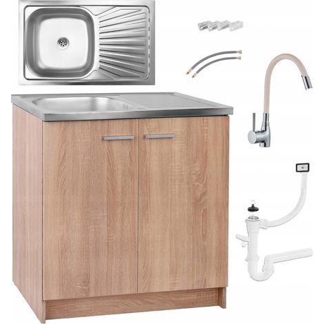Meuble de cuisine avec évier - 80 x 46 cm - Beige - Évier en inox - Robinet de cuisine