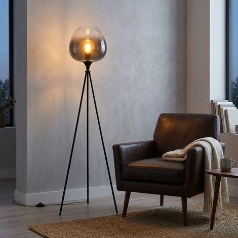Lampadaire LED sur pied verre fumé Lampe de salle à manger sur pied verre fumé noir, métal, 1x E27 filament LED blanc chaud, DxH 65x145 cm (1/5)