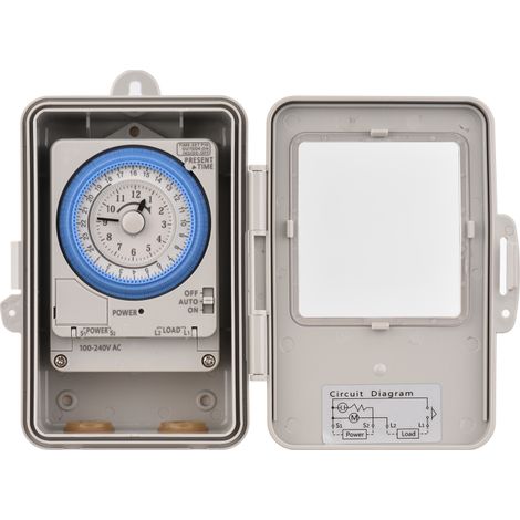 Minuterie mécanique 24 heures, boîtier de minuterie électrique programmable IP53, 100-240 V CA, intervalle de 15 minutes, 96 cycles marche/arrêt, avec trou de fixation et couvercle étanche. (1/3)