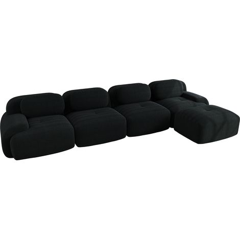 Canapé d'angle modulable 4 places en mousse haute résilience 32D, tissu velours côtelé noir, sans cadre, avec chaise longue et accoudoirs larges (1/5)